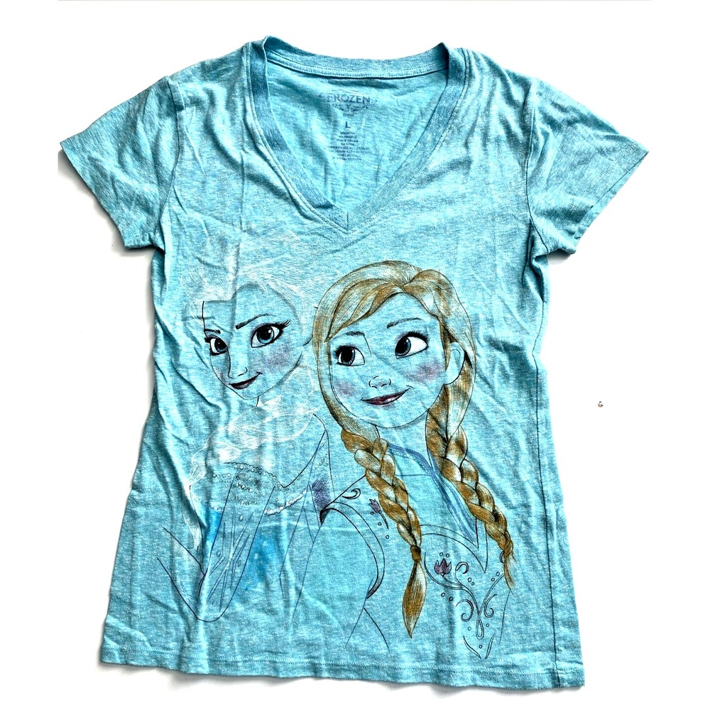 Disney Frozen T-shirt Womens Large Blue Good Anna Elsa V-Neck Graphic Tee